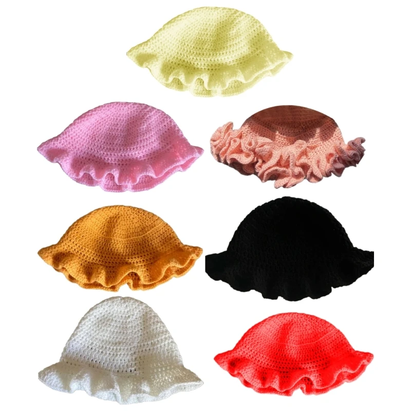 

Knitting Ruffle Brims Bucket Hat for Women Girl Breathable Fisherman Hat Japanese Headwear Beach Hollowed Hat