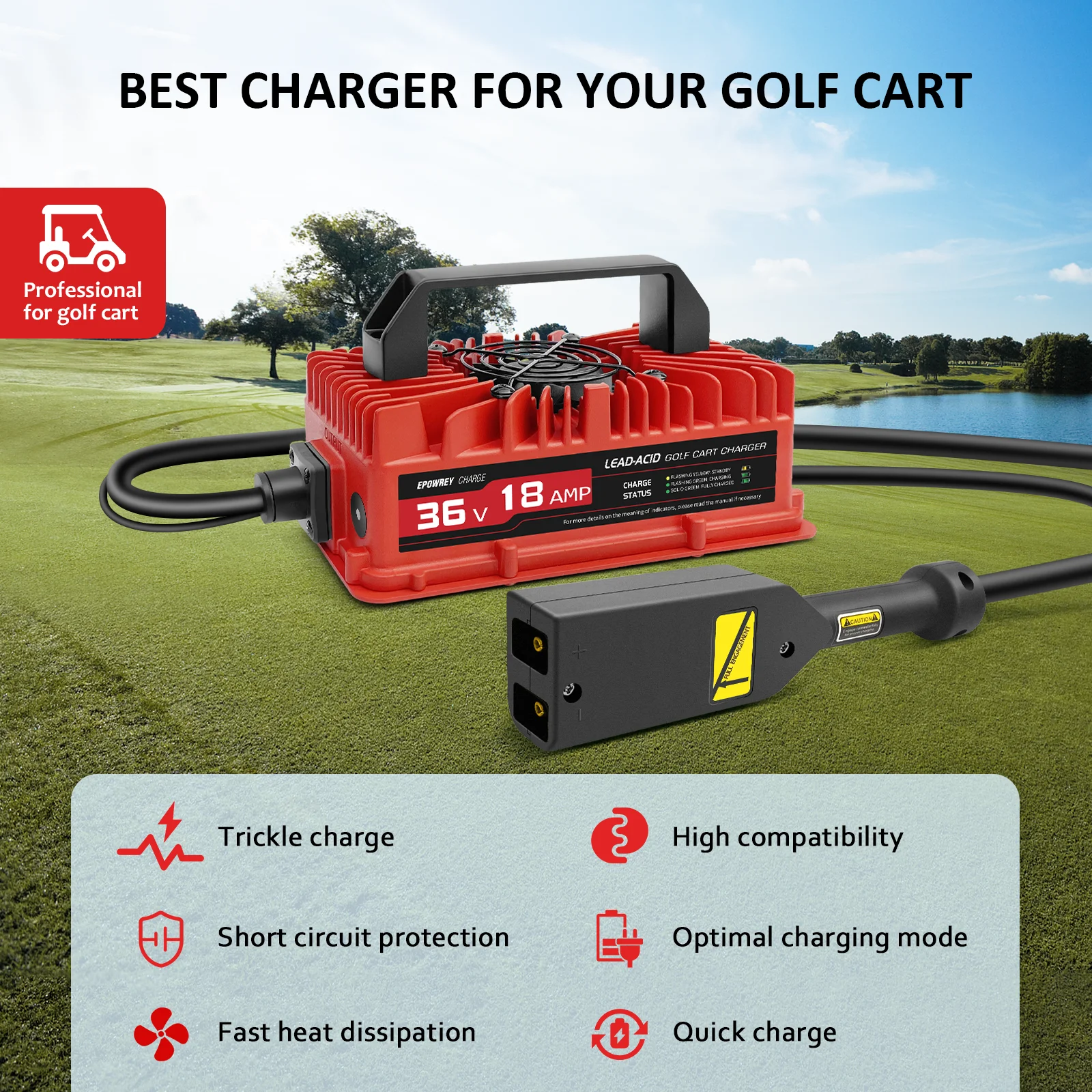 EPOWREY 36V Golf Cart Battery Charger 18 AMP 800W Waterproof Portable Car Lead-acid Battery Charger 50 / 60 Hz For EZGO TXT
