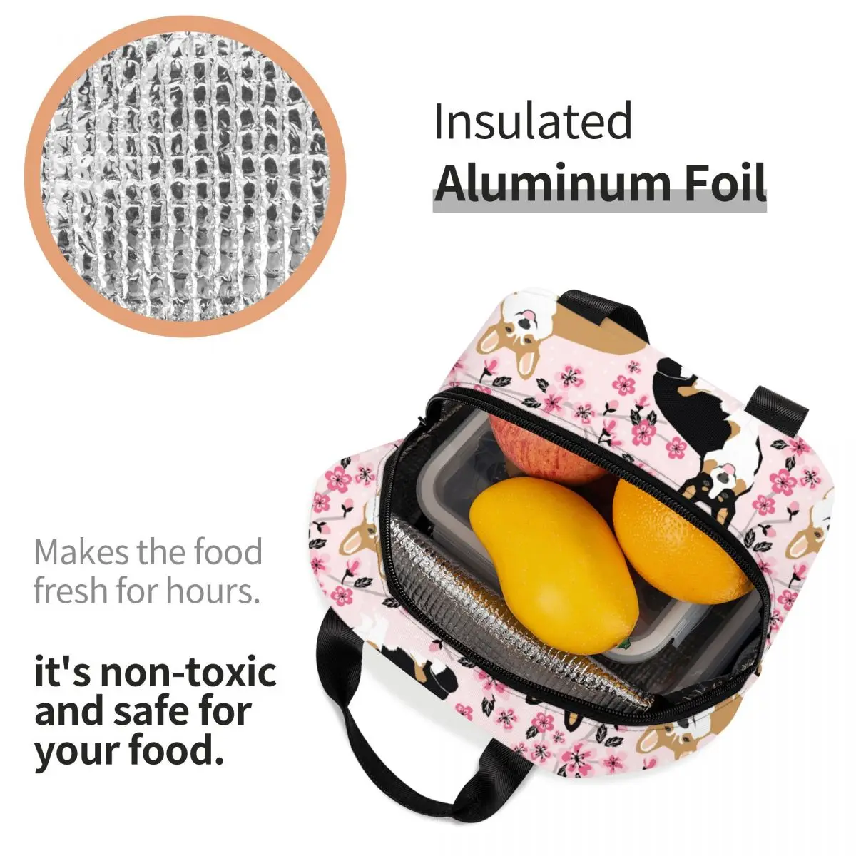 Lunch Bag for Men Women Corgi Dogs Pink Cherry Blossom Floral Thermal Cooler Waterproof Picnic Animal Lunch Box Food Storage Bag