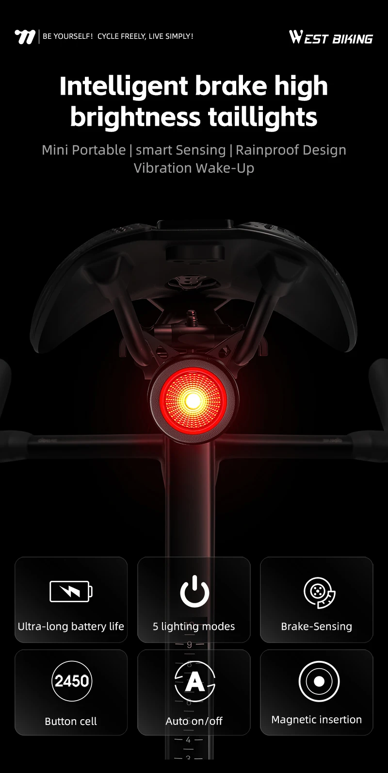 Description Picture 6 of itemWEST BIKING Bicycle Taillight Smart Auto Sensor Brake Rear Light MTB Road Bike Smart Auto High Brightness Cycling Tail Light