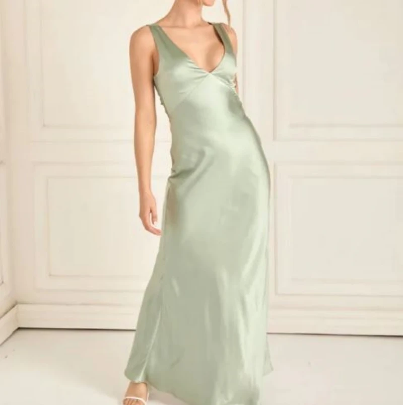 Sage Twist Back Satin Bridesmaid Floor Length Bridesmaid Dress