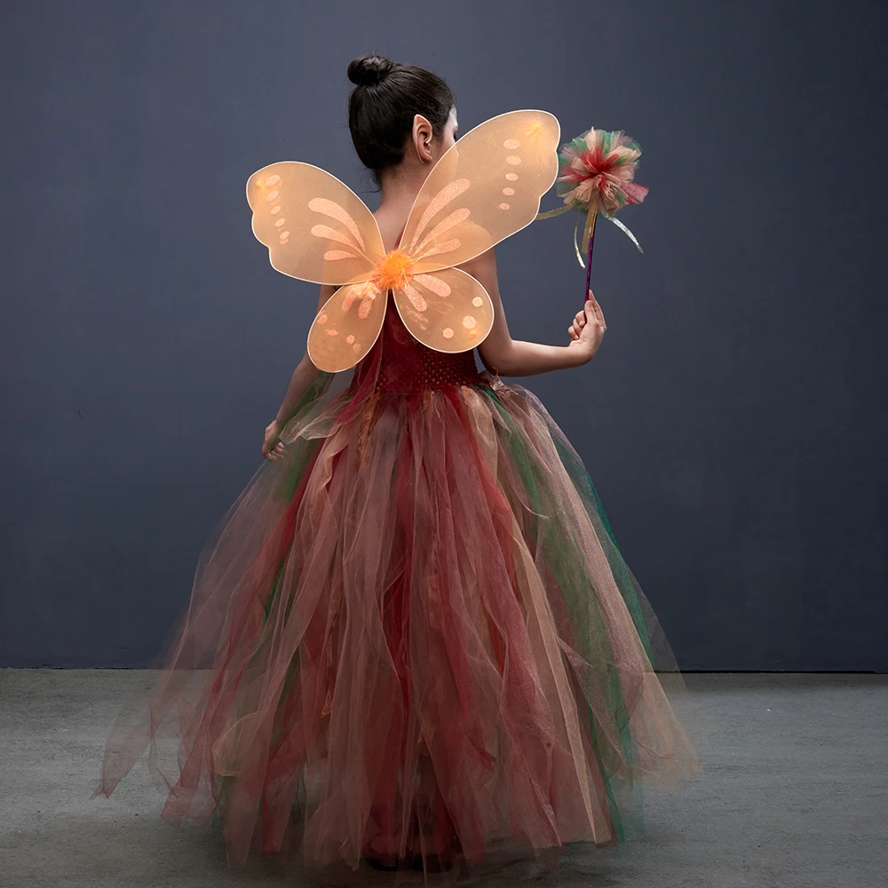 Woodland Fairy Princess Costume for Girls Fancy Tutu Dress with Wings set Autumn Kids Birthday Party Halloween Cosplay Ball Gown