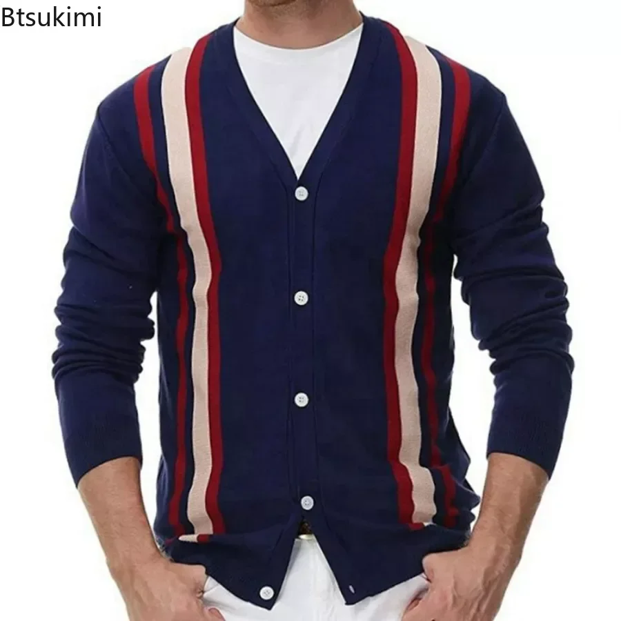 

2024 Men's Knitted Social Shirts Cardigan Striped Long Sleeve Sweater Shirts V-neck Casual Business Mens Shirts Camisa Masculina
