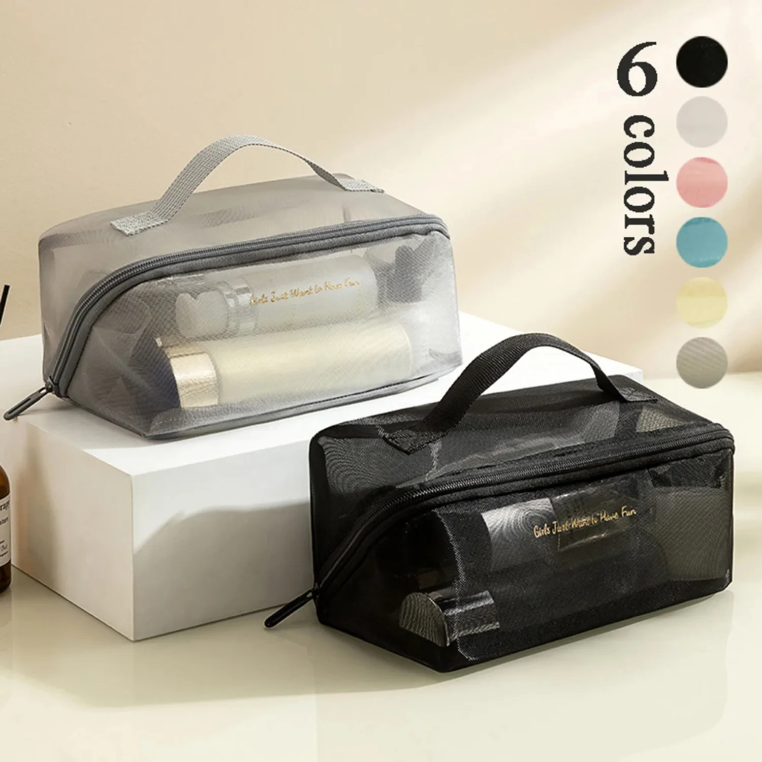 Woman Mesh Makeup Protable Travel Tote Large Capacity Zipper Pouches Transparent Shower With Handle