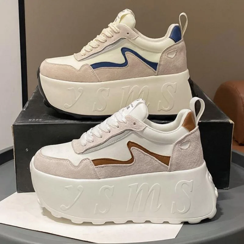 

Женские кроссовки на толстой платформе 7 см, кожаные Нескользящие кроссовки на шнуровке, спортивная обувь, новинка 2023