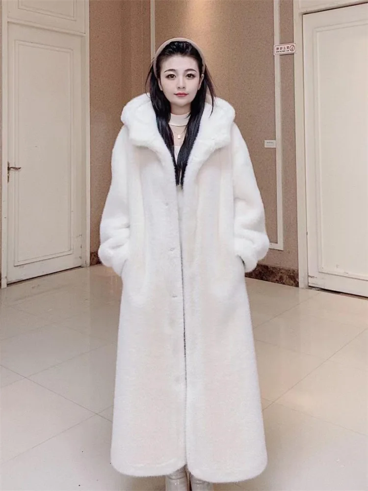 

High Quality Mink Velvet Fur Coat Women Hooded Thickened Warmth Faux Fur Coat