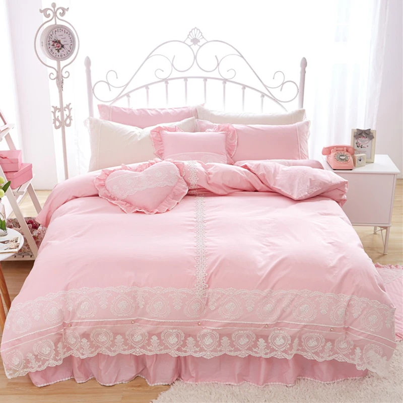 

Lace Bed Skirt Solid Color Four-Piece Cotton Quilt Cover All Cotton Pink Princess 1.8M Double Beddings