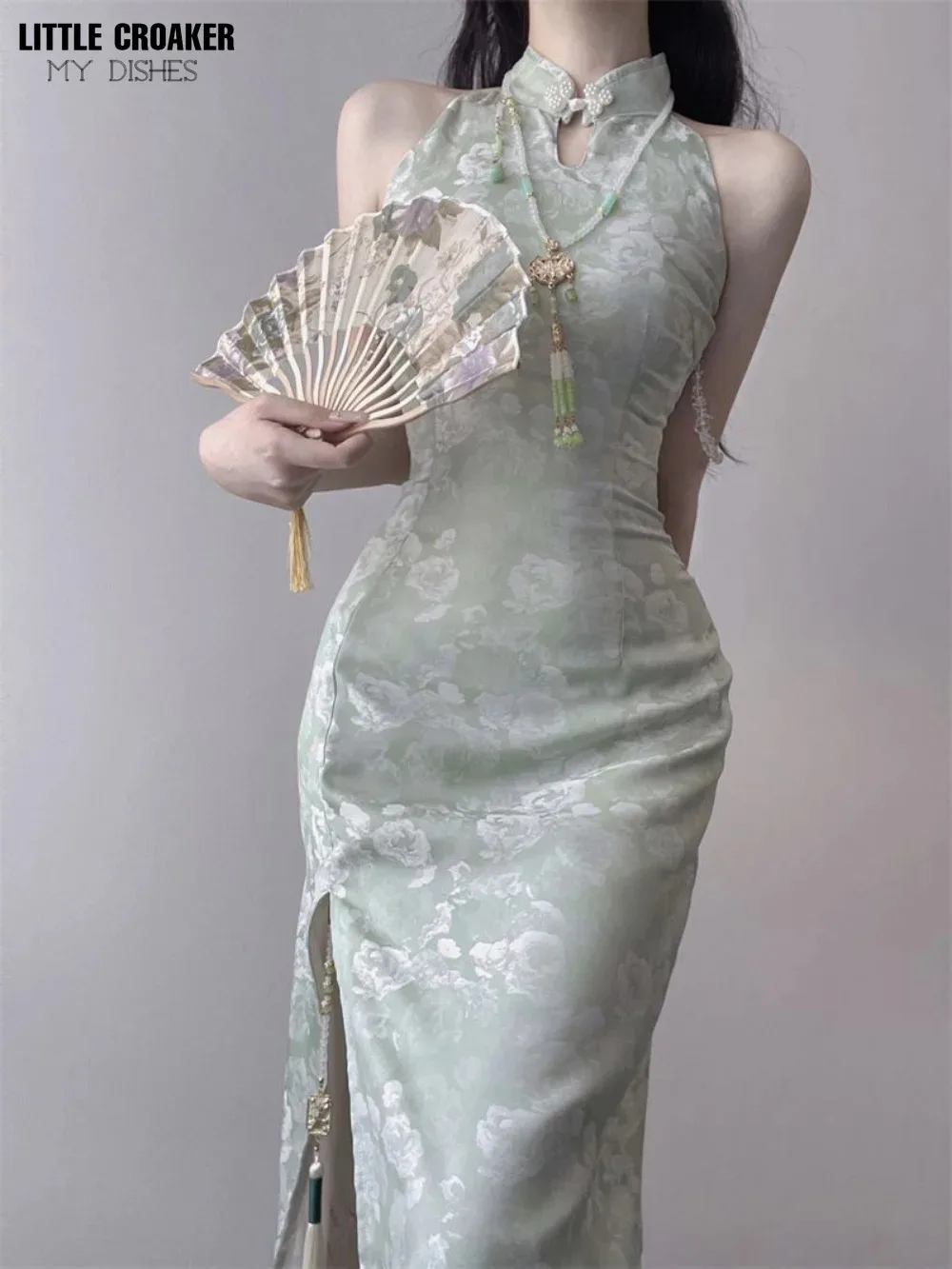Women New Cheongsam Style Improved Qipao Dress Children's Summer Small Long Print Hanging Neck Off Shoulder Dress