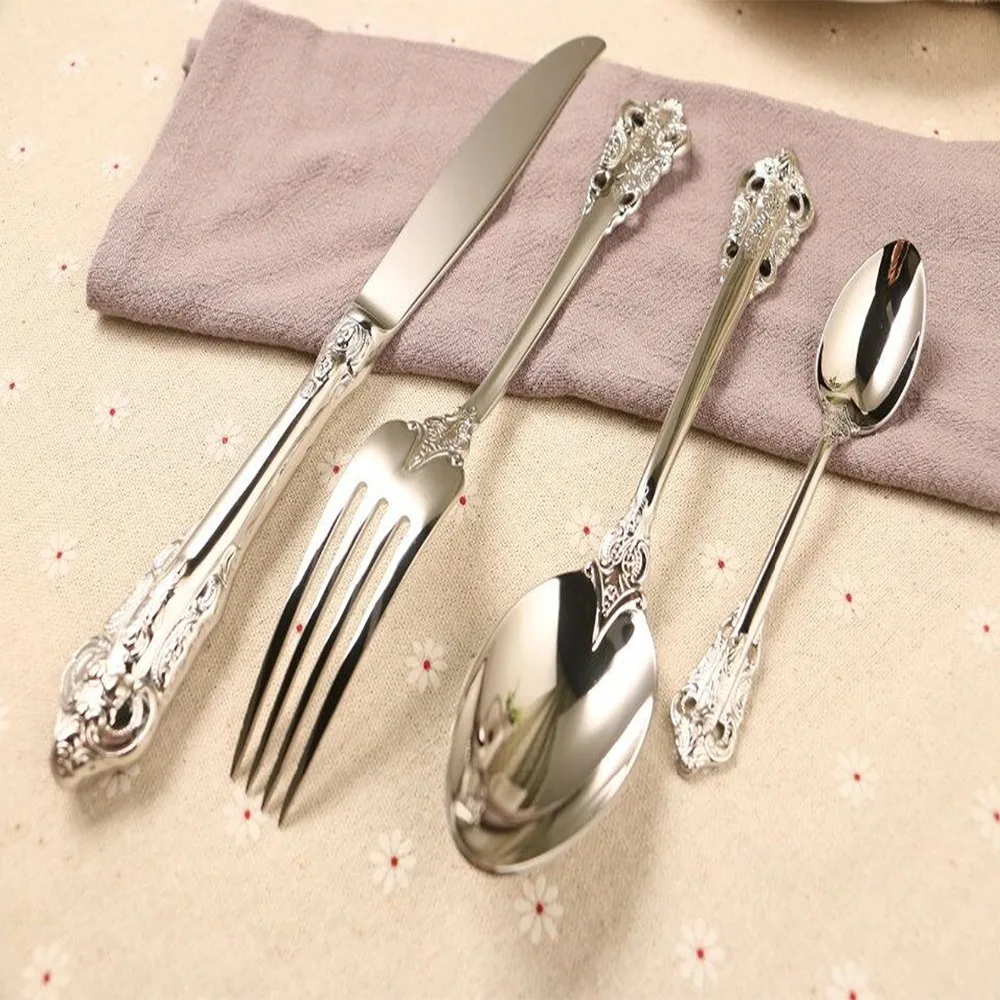 

Luxury Western Silver cutlery Stainless Steel Food Silverware Dinnerware Utensil Kitchen Wedding Dinners Spoon Steak Knife Fork