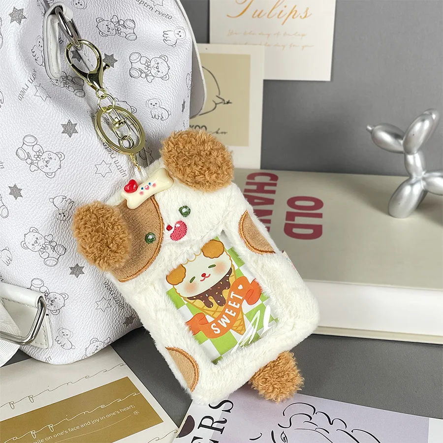Cartoon animal plush card sleeve transparent love bean small card display pendant student card bag key chain 6