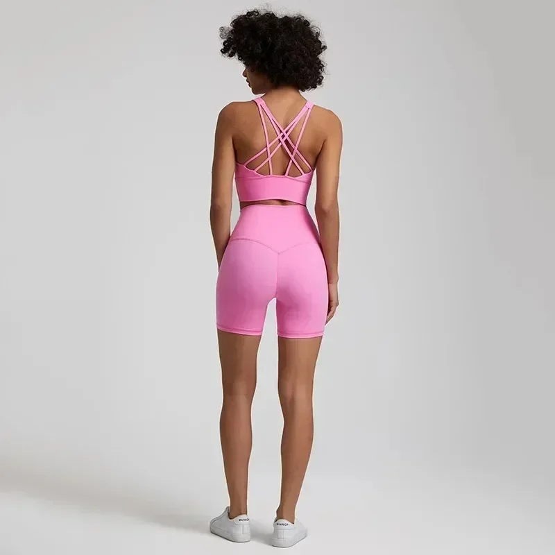 Lemon Gym Yoga Set Workout Training Women Sports Suit High Waist Short And  Fitness Bra 2pcs Short Legging  With Chest Pad