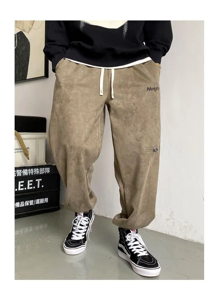 Große, verdickte lange Plüsch-Samt-Hose für hübsche Bindehose, dünne, super lockere High-Street-Wildleder-Haremshose für Herren – Detail 14