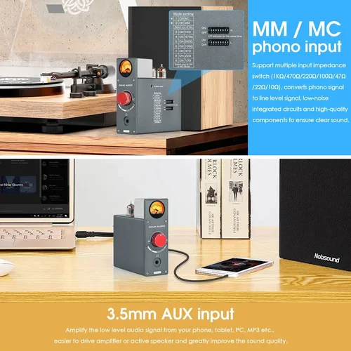Douk Audio 5654 진공관 Phono Stage Preamp for Home 턴테이블 헤드폰 앰프 w/VU 미터 TV/MP3/Phone 용 스테레오 오디오 프리 앰프 3