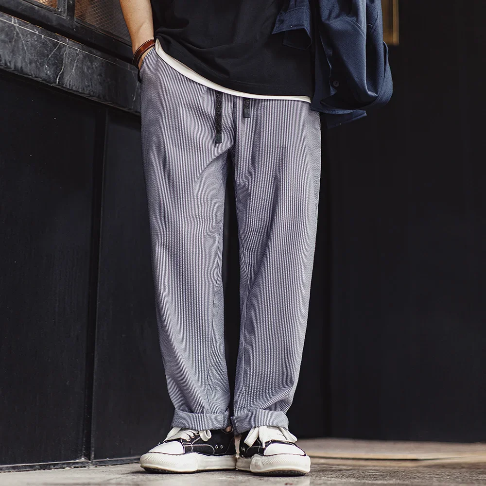 Maden Easypants Seersucker Striped Casual Pants Elastic Waist And Drawstring Design Iron-free Straight Trousers Men casual pants
