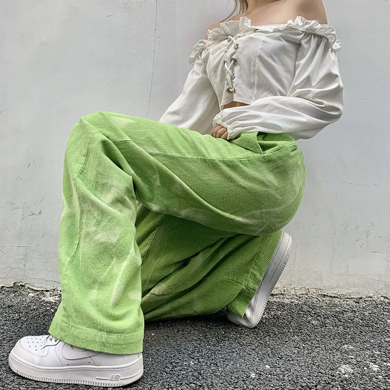 dress pants Y2K Green Corduroy Casual Streetwear Pants Women's Spring Harajuku Style High Waist Loose Straight Drawing Wide Leg Pants work trousers