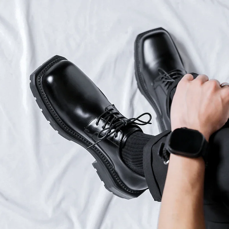

Men's Japan Karajuku Korean Style Fashion Streetwear Thick Platform Casual Black Leather Shoes Male Lace Up Dress Leather Shoes