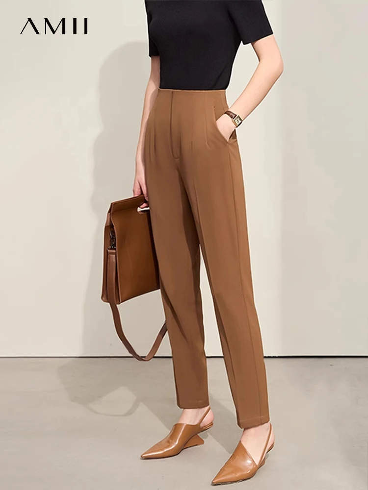 

Amii Minimalism Women Casual Pants 2024 Summer New Commuter Career Solid Pockets Mid-waist Straight Trousers Female 12412004