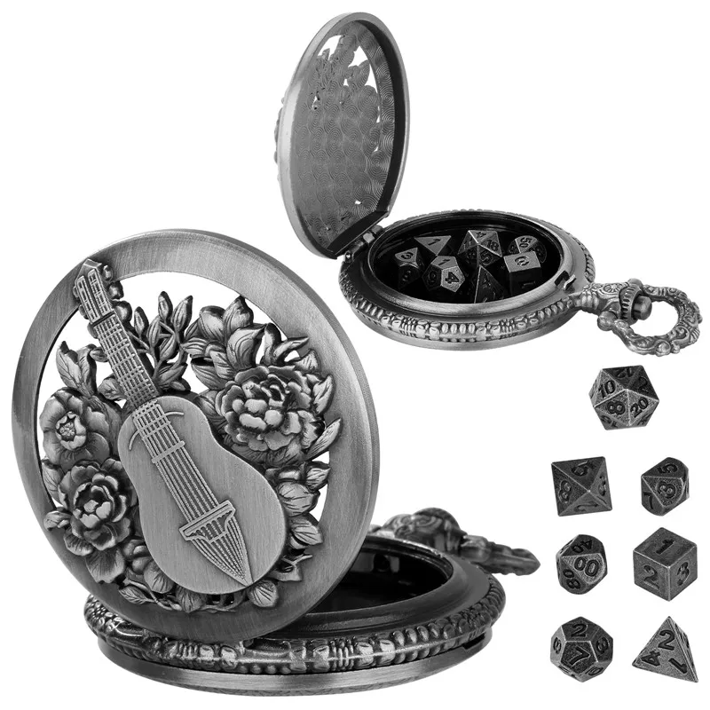 Vintage 7 x polyedrische Würfel aus Metall, Rollenspiel-Gaming-Würfel mit hohlem Gitarren-Blumen-Design, Taschenuhrengehäuse, Anhänger, Kette, Geschenke – Detail 6
