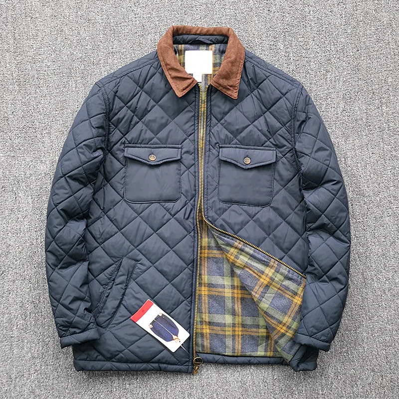 Men's Diamond Check Clamp Cotton Jacket Waterproof With Pocket Cargo