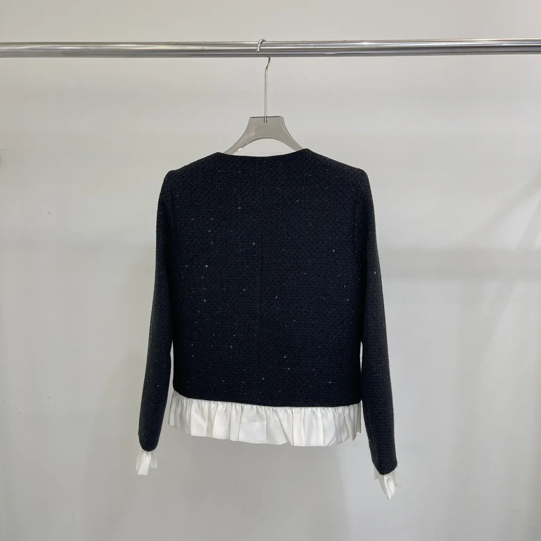 Autumn/Winter New Fashion Trend Contrast Color Ruffle Edge Long Sleeve Sequins Woolen Versatile Short Coat Women