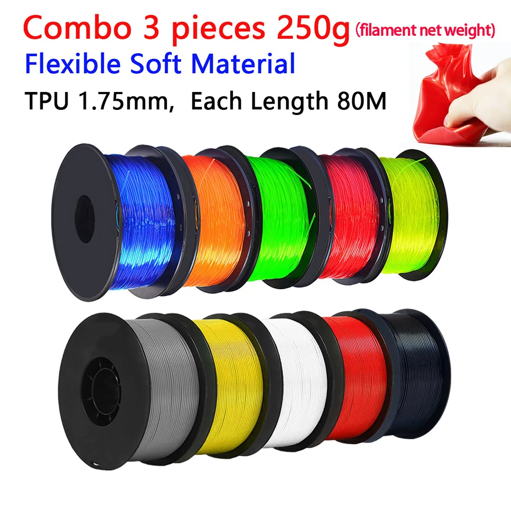 EasyThreed TPU 유연한 필라멘트 콤보, 소프트 3D 인쇄 재료, 3 개, 250g, 250g 길이, 80M, 1.75mm