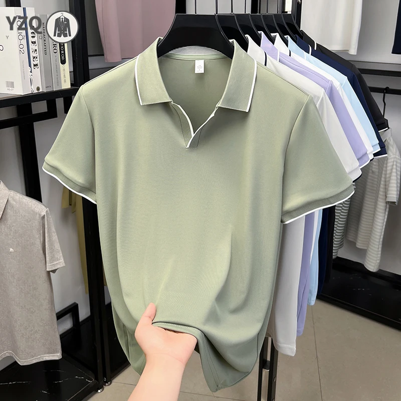 Polo da uomo business casual con risvolto, bordo rifinito, in seta ghiaccio, resistente al sudore, fresco, leggero, estivo, abbigliamento basic - immagine 6