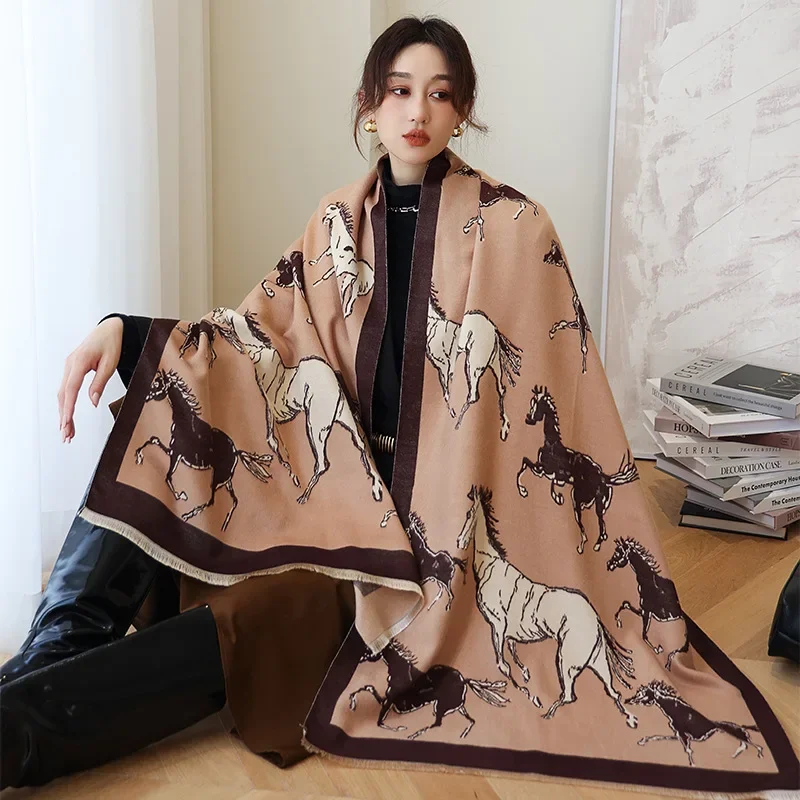 2024 Luxury Brand Wool Women Scarf Cashmere Stole Animal Horse Print Scarves Female Winter Warm Pashmina Blanket Wraps Hijab