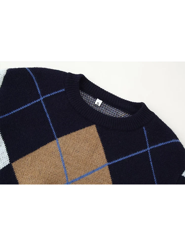 2025 New Women Vintage British Style Knitted Top Elegant Argyle Printed Fashion Pullover Sweater Casual Soft Ladies Knitwear