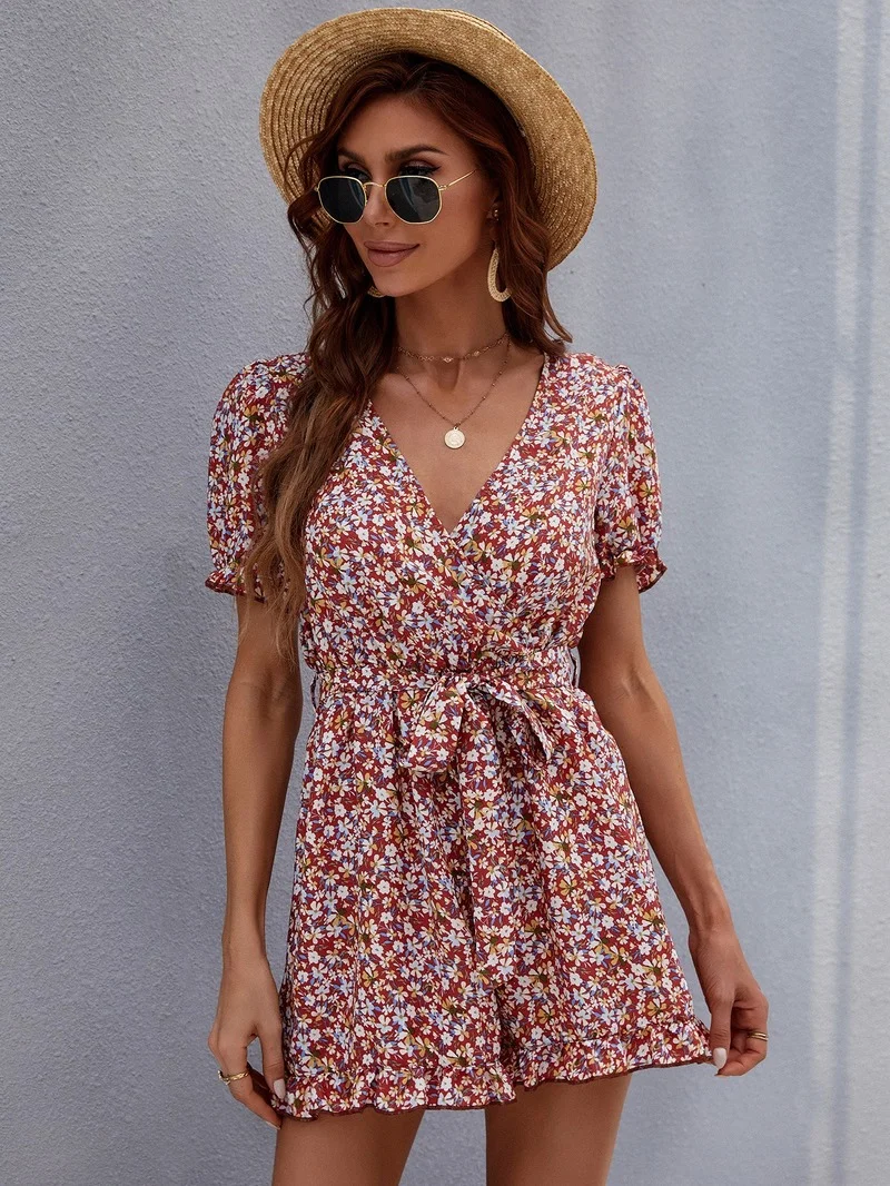 Summer Chiffon Floral Rompers 2023 Women V-Neck Short Sleeve Casual A-Line Playsuits Flared Sleeves All-Match Short Jumpsuits