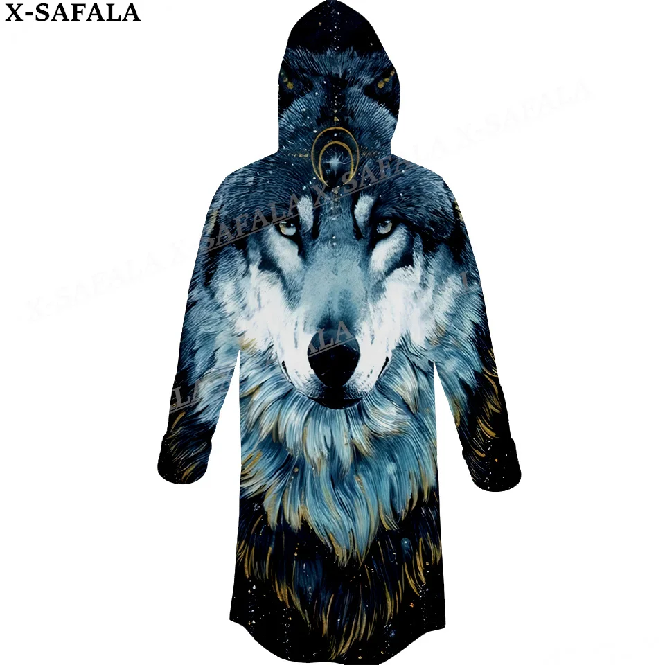 

Native Dark Angry Wolf Moon Print Thick Warm Hooded Cloak Men Overcoat Coat Windproof Fleece Cape Robe Hooded Blanket-3