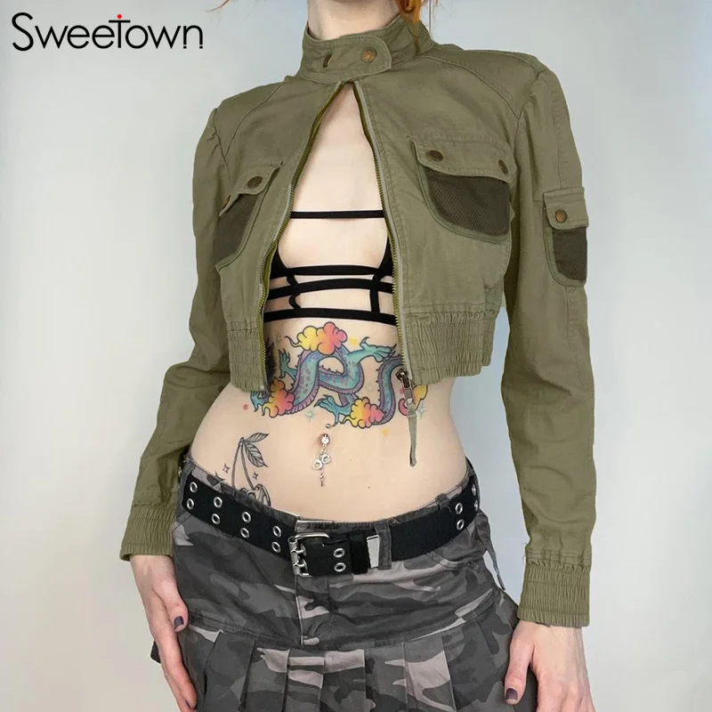 

Женские укороченные куртки Sweetown в стиле Харадзюку, повседневные куртки на молнии с эластичной талией и пуговицами, лоскутные сетчатые карманы, винтажная куртка-Карго