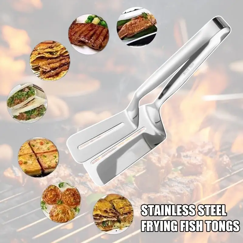 Stainless Steel Frying Shovel Clip 2 In 1 Food Grip Spatula Tongs Multifunctional Fish Gripper Steak Tong BBQ Food Clamp Spatula