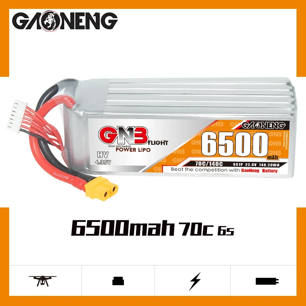 

GAONENG GNB 6500mAh HV 6S 70C 140C 22.8V XT60 LiPo Battery FMS EDF Jets and 3D Plane Size 700mm To 800mm Helicopters