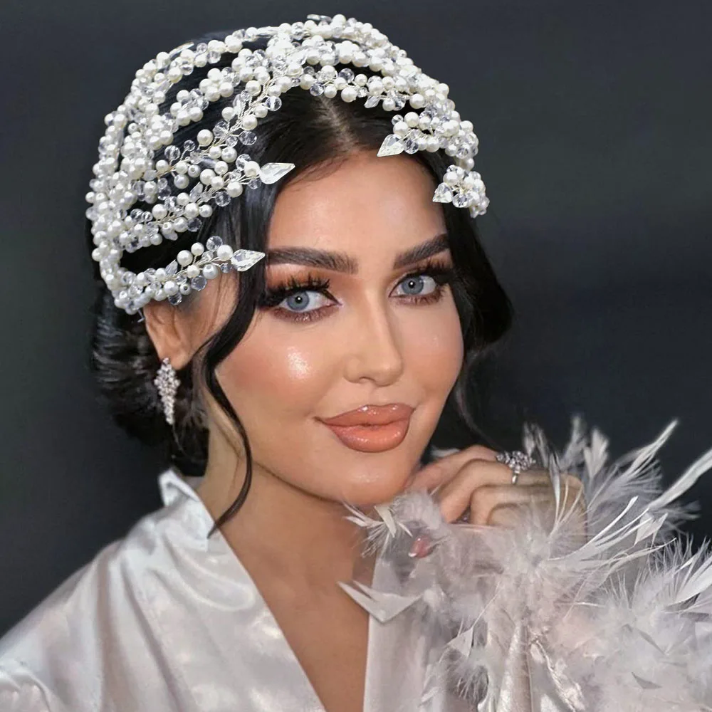 DZ076 Pearl Bridal Headband Crystal Bride Tiara Headpieces Silver Wedding Headdress Handmade Rhinestones Wedding Hair Jewelry