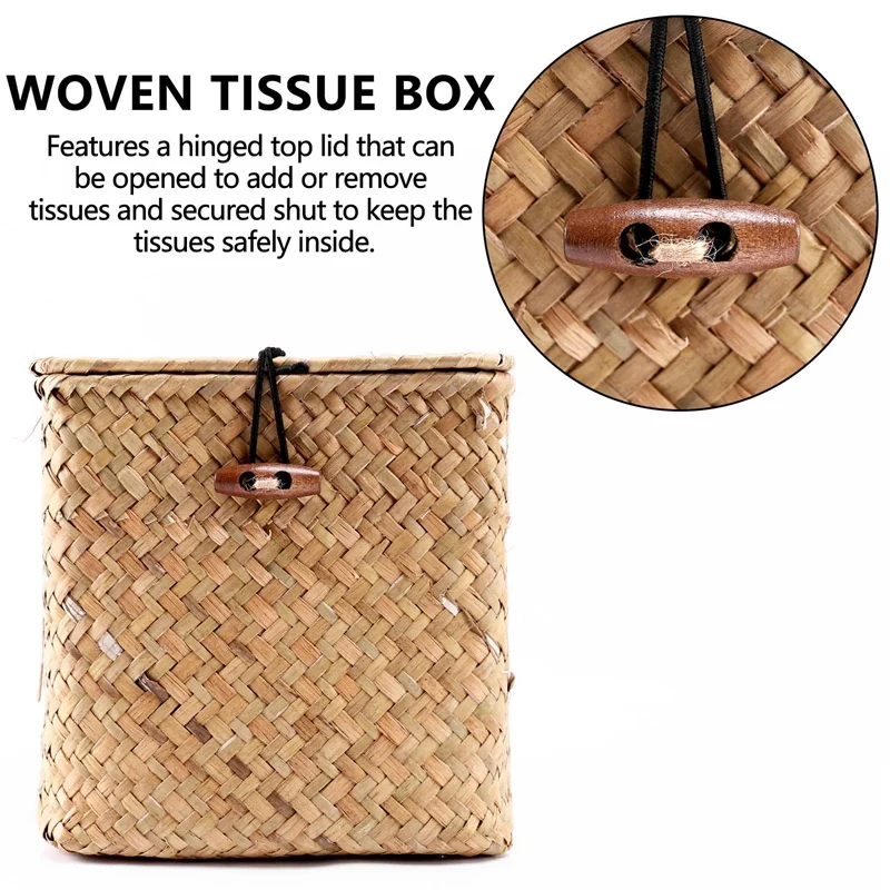 2 Pack Square Seagrass Facial Tissue Box - Decorative Woven Paper Holder Napkin Dispenser - Straw Tissue Box Cover 4