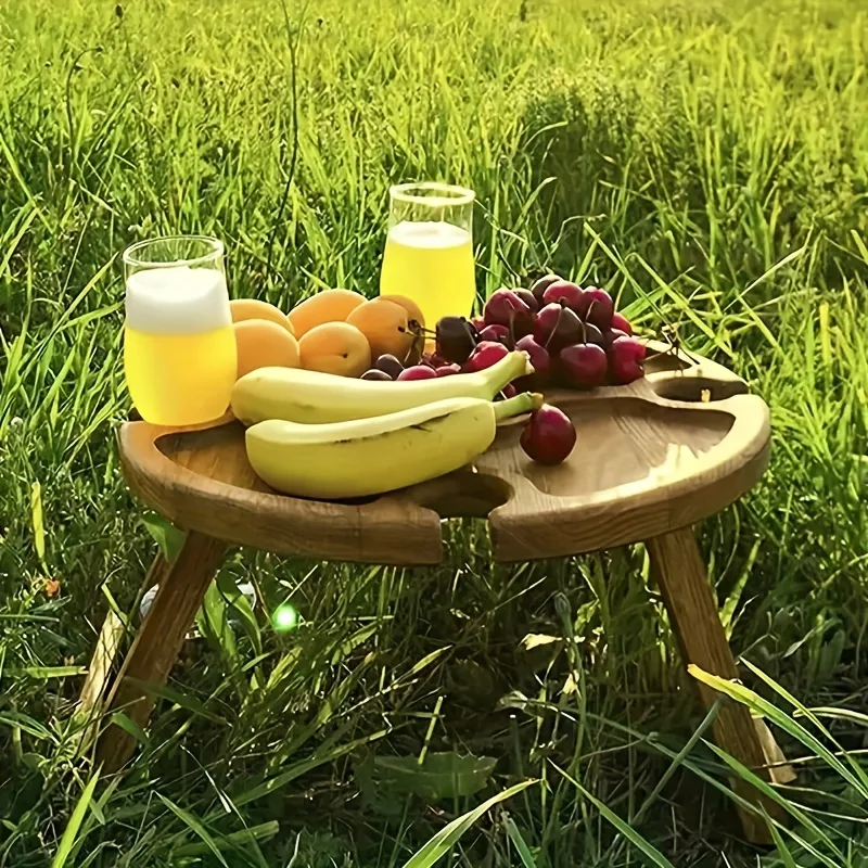 유리 거치대 달린 접이식 식탁, 나무 피크닉 테이블, 레저 스낵 테이블, 미니 원형 테이블, 휴대용 크리에이티브 투인원 