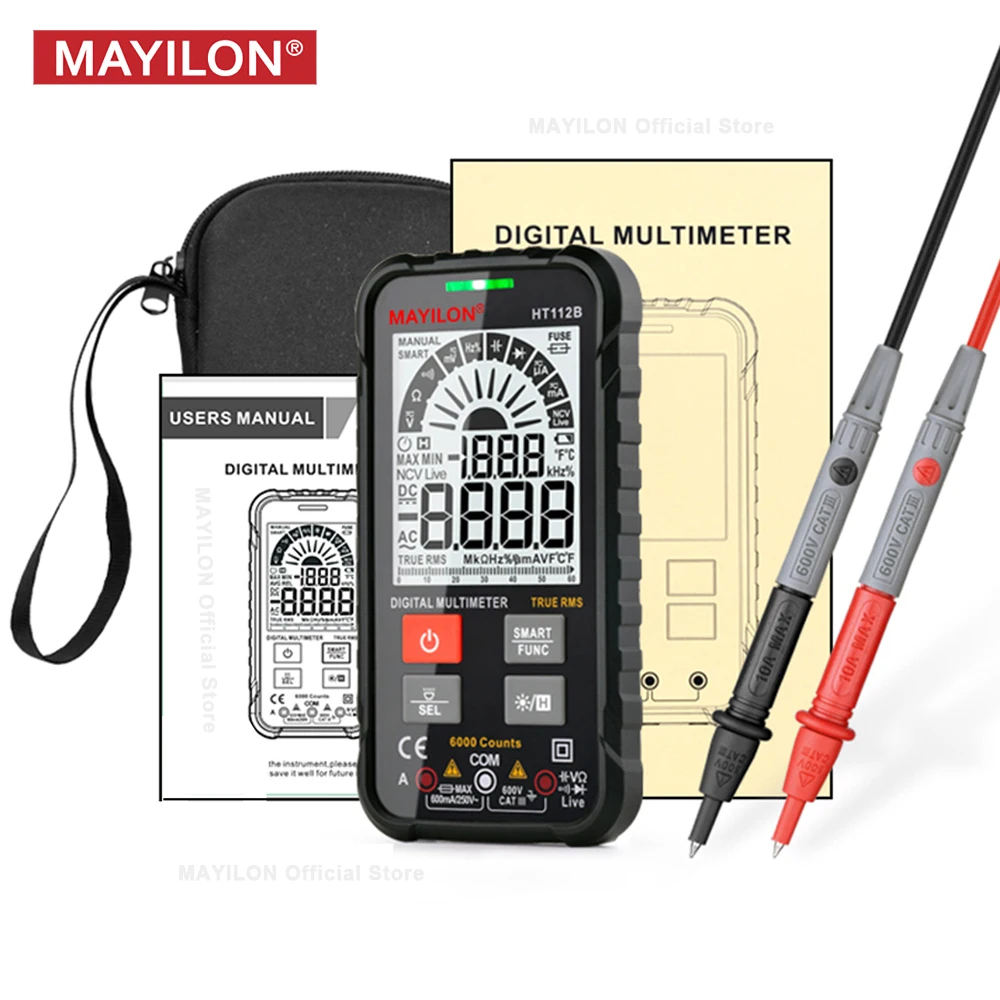 MAYILON HT112 스마트 멀티미터 전문 디지털 전류계 전압계, 자동 범위 전기 멀티 계량기 라이브 NCV 다이오드 테스터