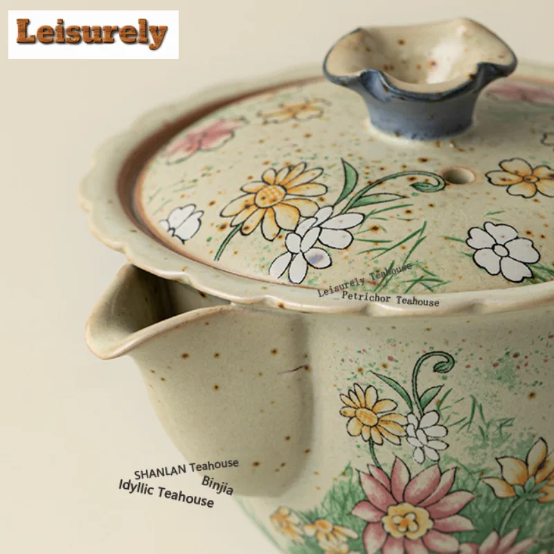 125ml Caramel Glaze Flower-picking High-handle Handheld Teapot Vintage Tea Infuser Pot Tea Brewing Kettle With Strainer Tea Item