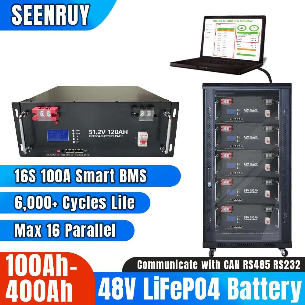 

48V 100Ah 120AH 150Ah 200Ah 300Ah 400Ah LiFePO4 Battery Pack 6KW Lithium Solar Battery 6000+ Cycles RS485 CAN 16S 100A 150A BMS