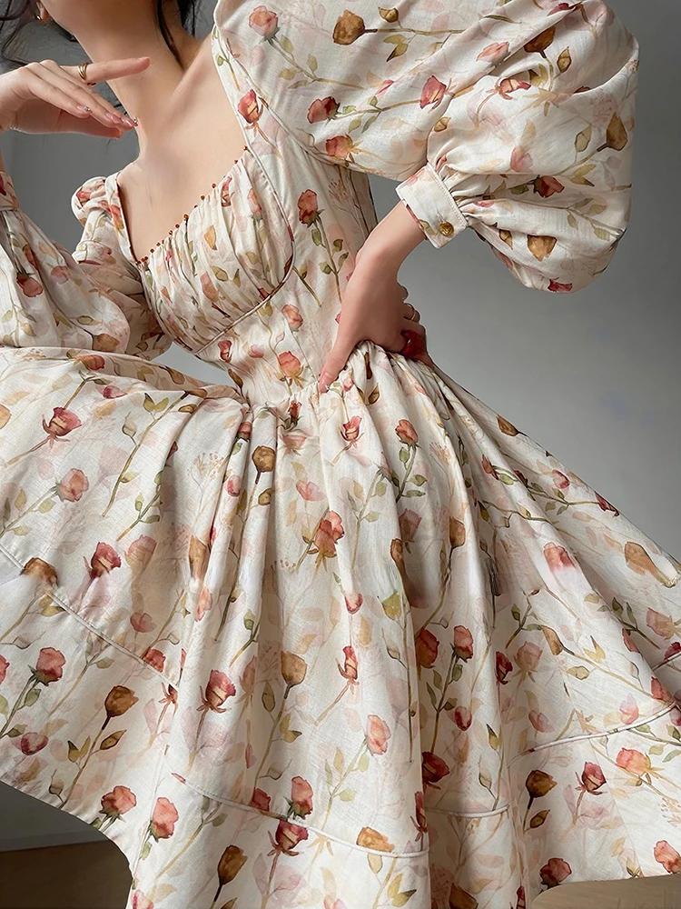Beach Style Elegant Floral Midi Sundress Woman Long Sleeve