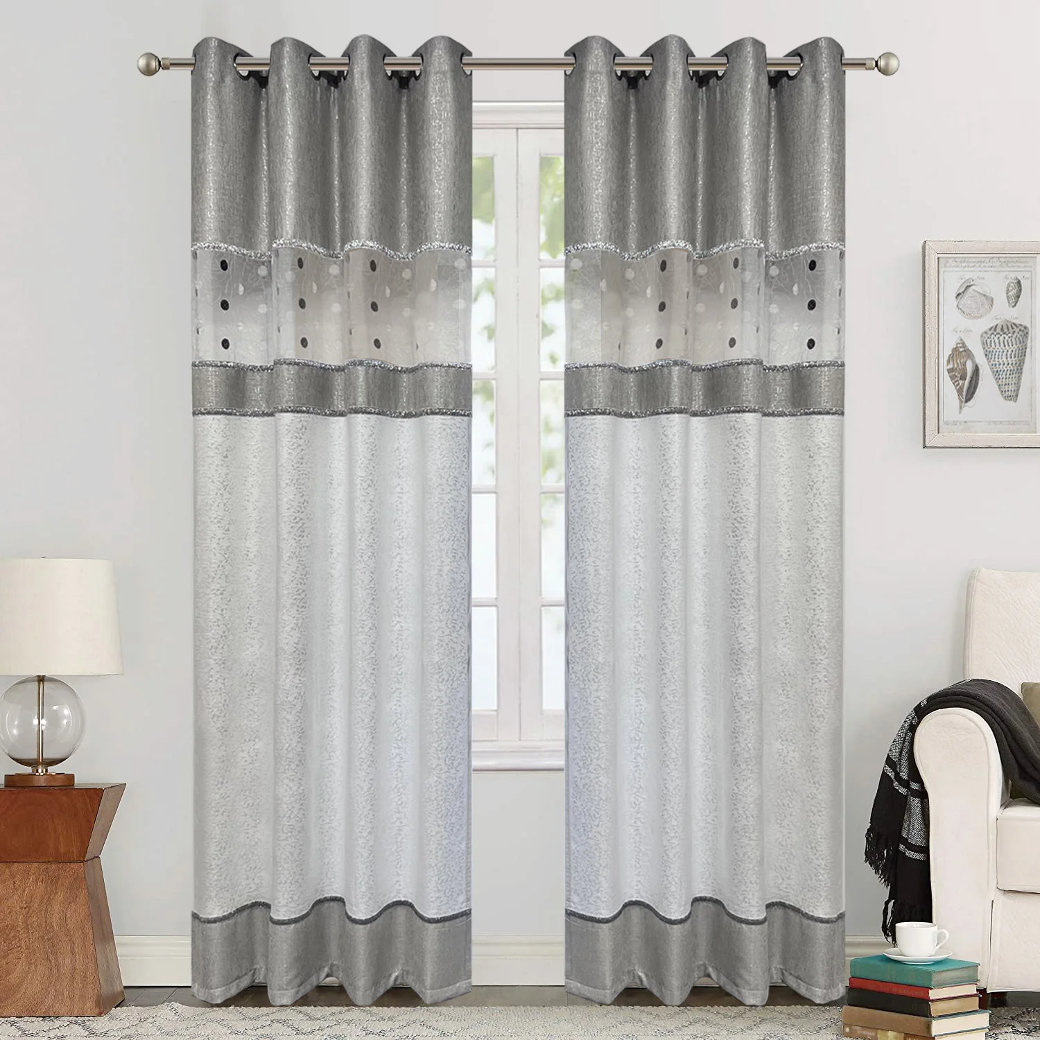 

Modern Luxury Hollow Bird's Nest Stitching Grey Curtain for Living Room Silver Jacquard Window Semi-Shading Blind#E