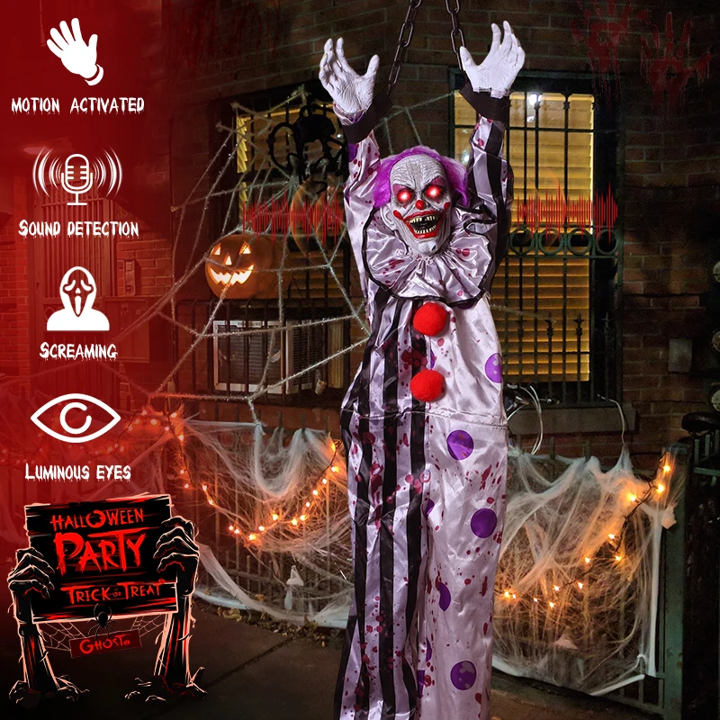 

Halloween Animatronic Hanging Decoration Animated Talking Scary Clown with Chain Red Eyes Sound &Touch Activated Electric Horror