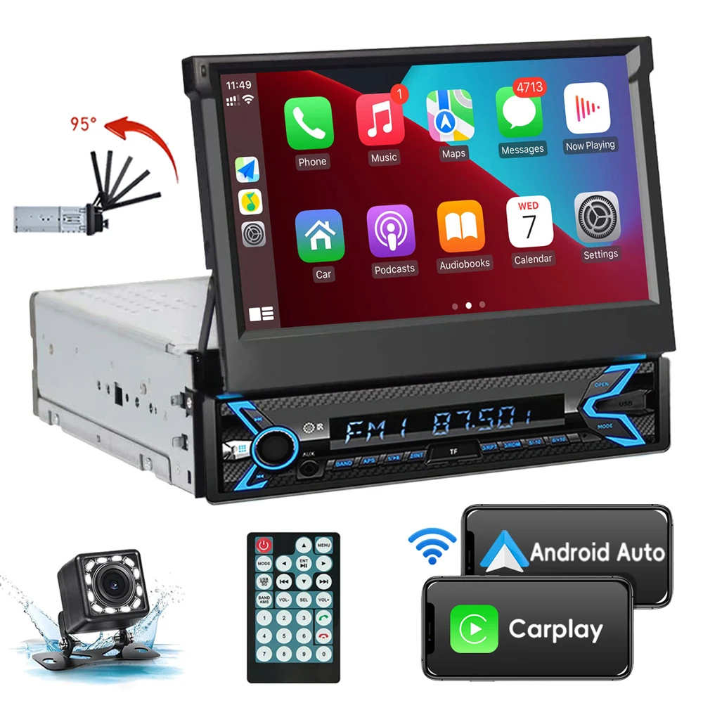 Protable Radio Rear View 7 Inch Retractable Screen Car Radio Stereo 1 Din Android Auto Carplay ...