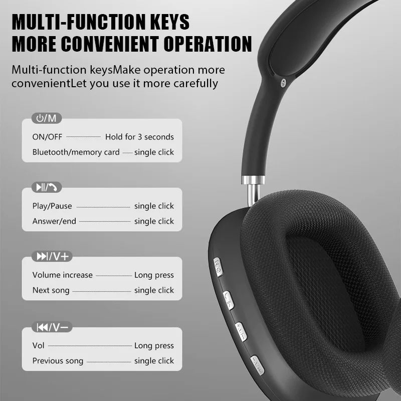 New P9 Wireless Bluetooth Headphones Noise Cancelling with Microphone Pods Over Ear Sports Gaming Headset for Apple iPhone 5