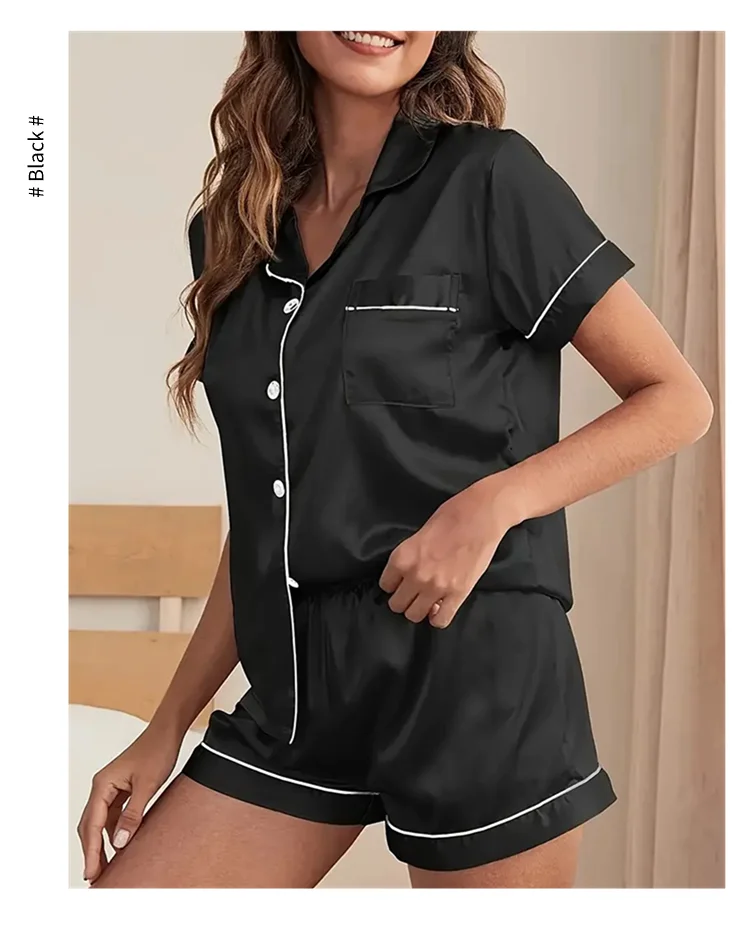 Frauen Nachtwäsche Seide Satin Pyjamas Set Button-Down Pyjama Shorts Anzug Pijama Femme Loungewear Pj Sets Einfarbig Hause kleidung – Detail 9