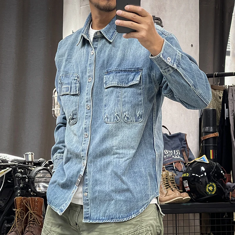 Denim Shirt Long Sleeved Shirt Spring and autumn American vintage heavy wash vintage color pocket loose for men