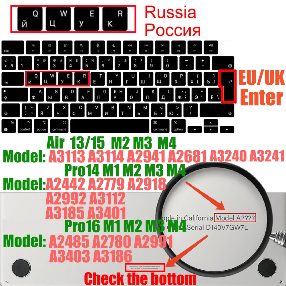 Universal Keyboard Cover for MacBook 2023 dòng Pro và Air - Bố Cục EU/US + Ngôn Ngữ Đa Quốc Gia