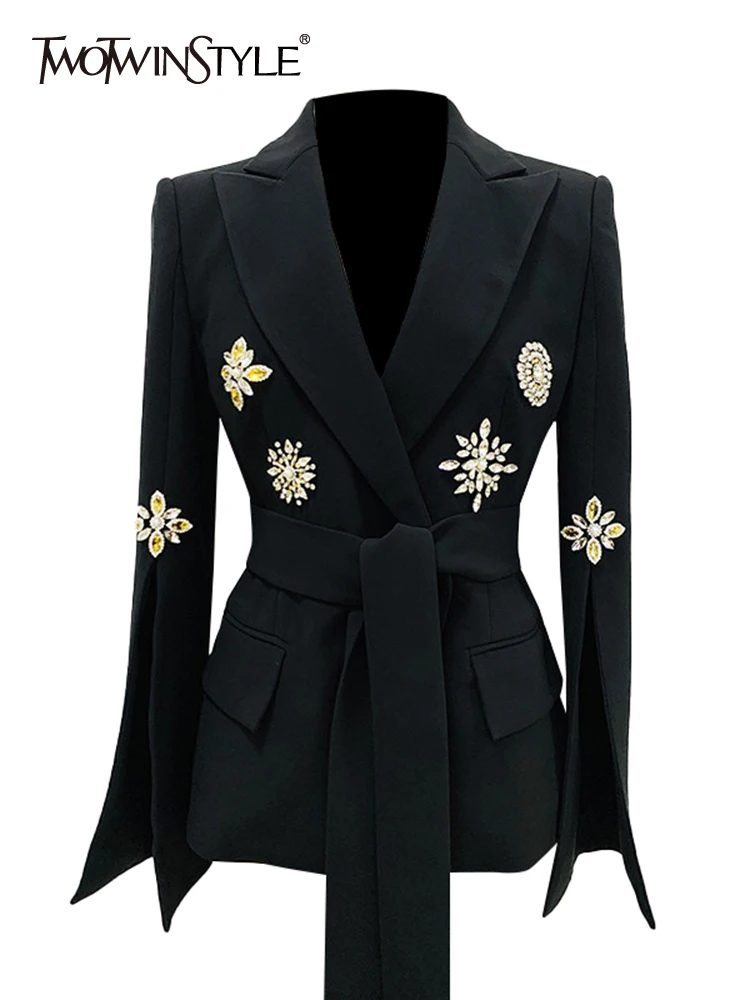 

TWOTWINSTYLE Solid Patchwork Diamonds Blazer For Women Notched Collar Long Sleeve Spliced Lace Up Slimming Chic Blazers Female