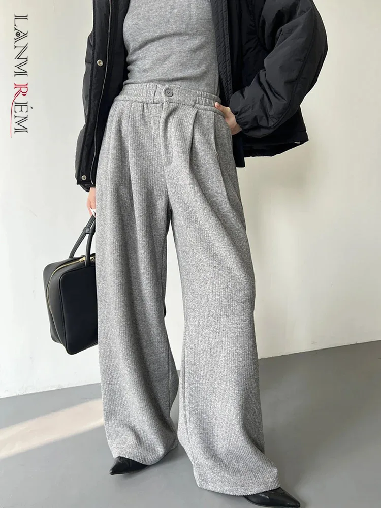 

[LANMREM] Thick Warm High Waist Pants For Women Solid Straight Wide Leg Trousers Office Lady Clothing 2024 Spring New 26D7899