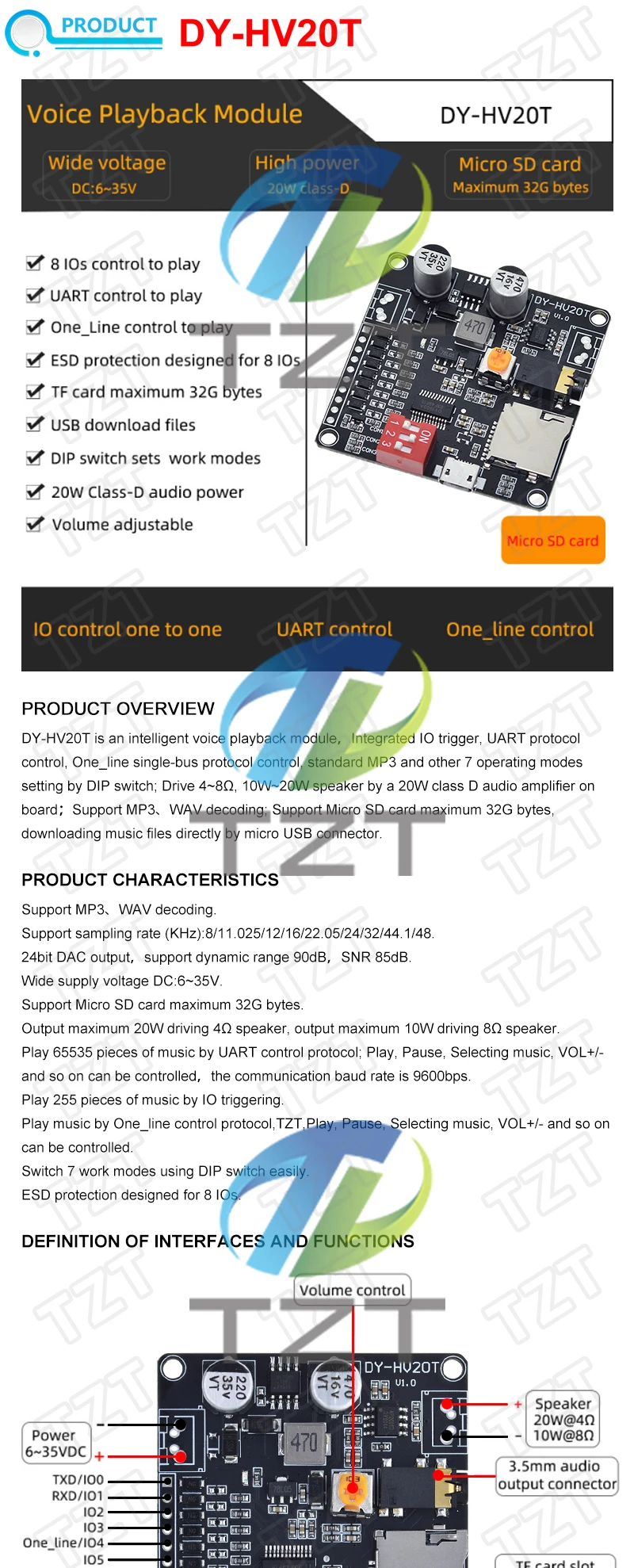 GREATZT DY-HV20T 12V/24V Netzteil 10W/20W Sprachwiedergabemodul mit Unterstützung für Micro SD-Karte MP3-Musikplayer für Arduino – Detail 1